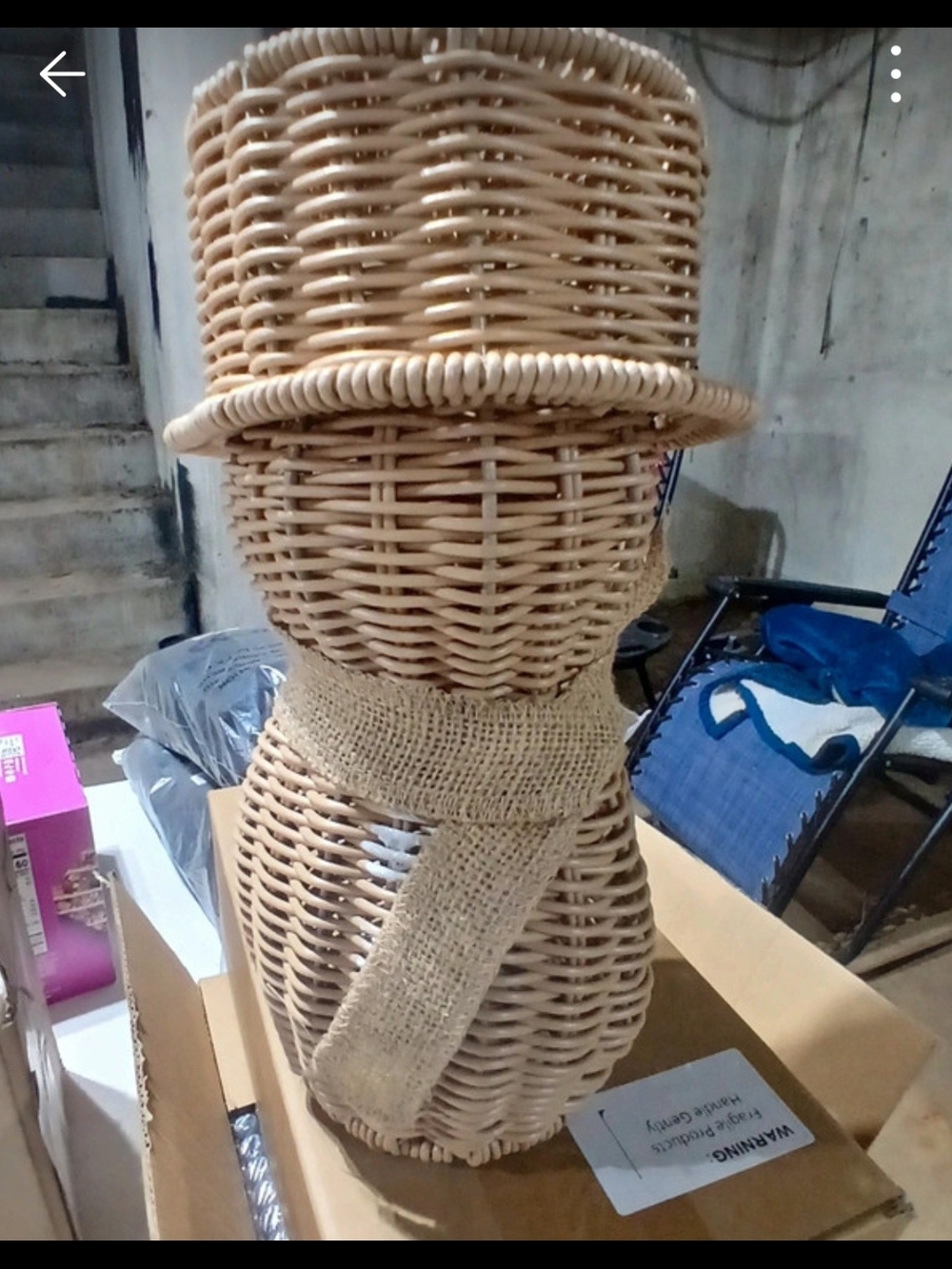 Natural Wicker Snowman Accent with Burlap Scarf New